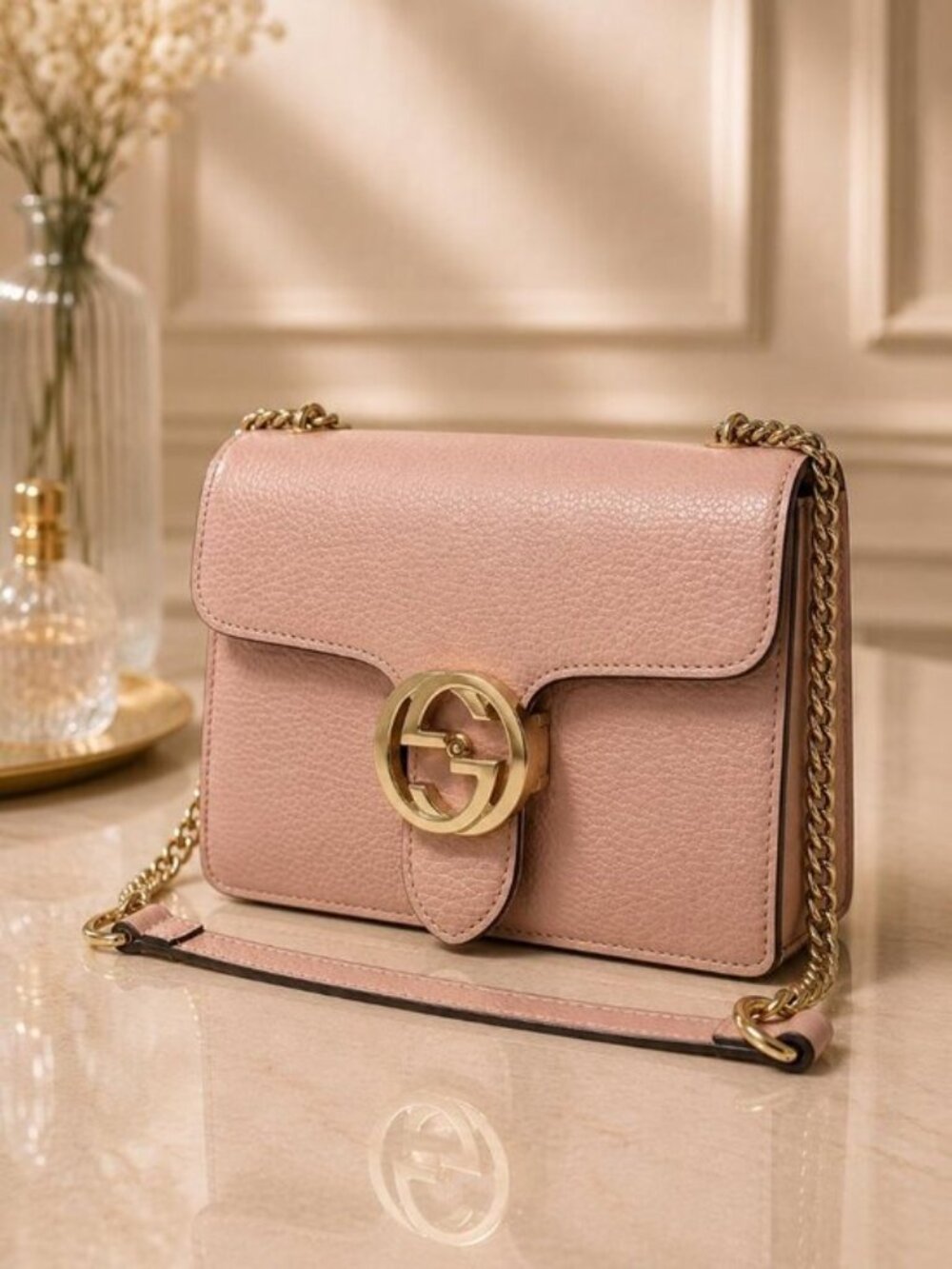 Authentic Gucci Interlocking G Chain Shoulder Bag Pink Pebbled Leather Crossbody
